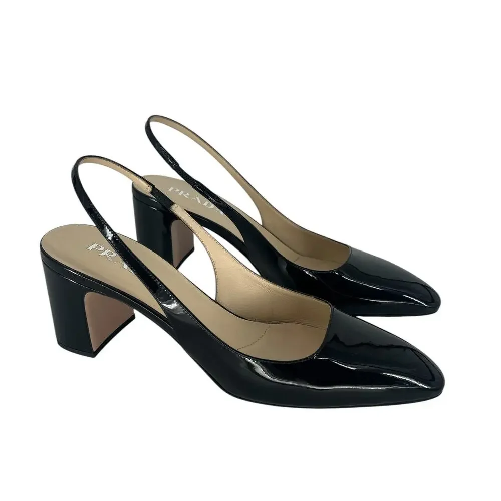 Prada Triangle‎ Logo Patent Leather Slingback Pumps Black 40
